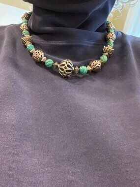 Vintage handmade carved turquoise beads and silver beads necklace & bracelet